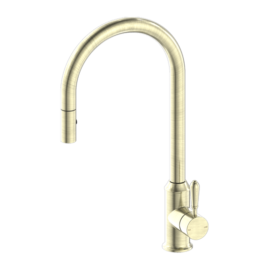 York Pull Out Sink Mixer with Vegie Spray Function with Metal Lever Aged Brass