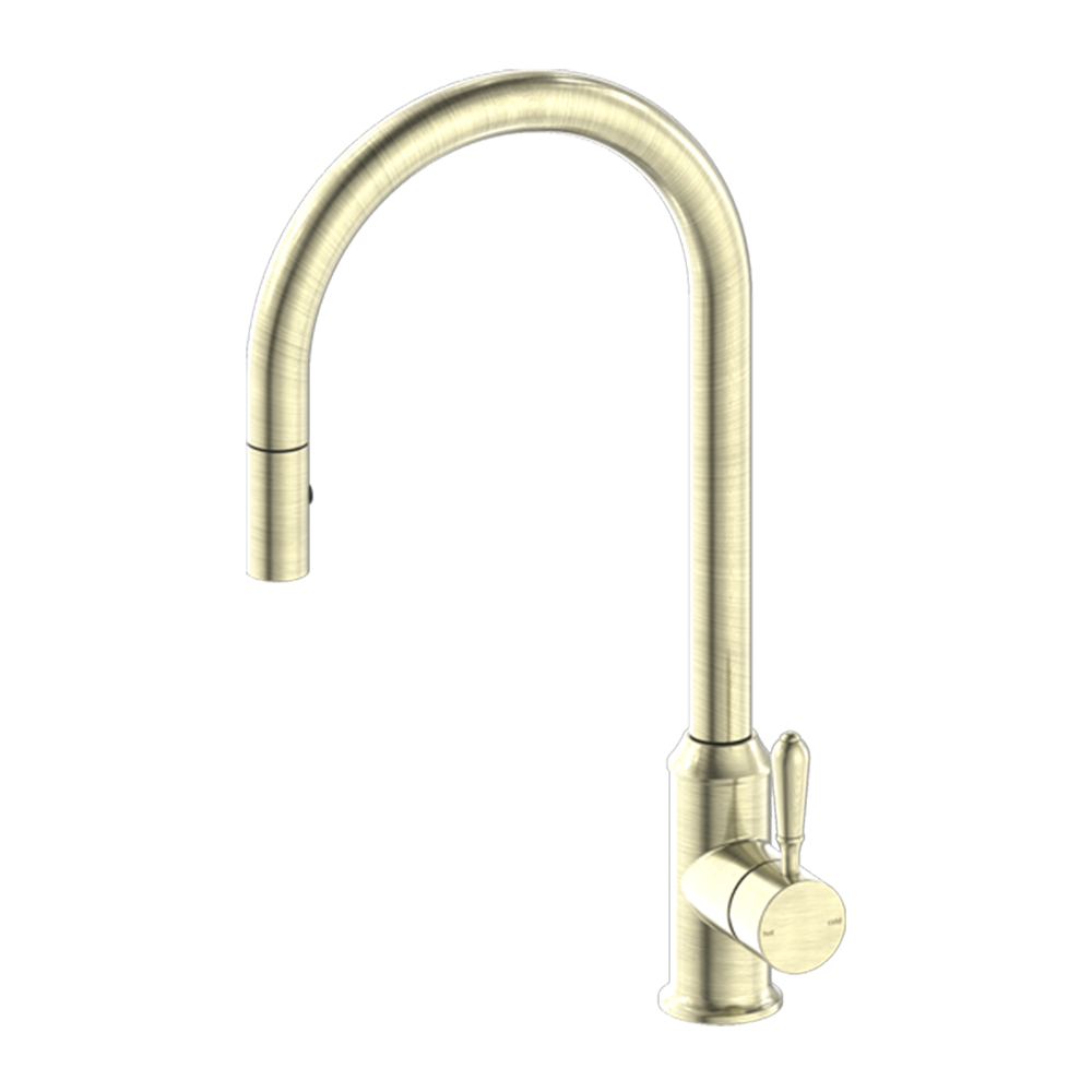 York Pull Out Sink Mixer with Vegie Spray Function with Metal Lever Aged Brass