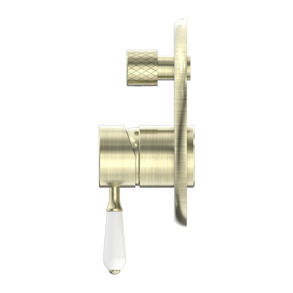 York Shower Mixer with Divertor with White Porcelain Lever Aged Brass