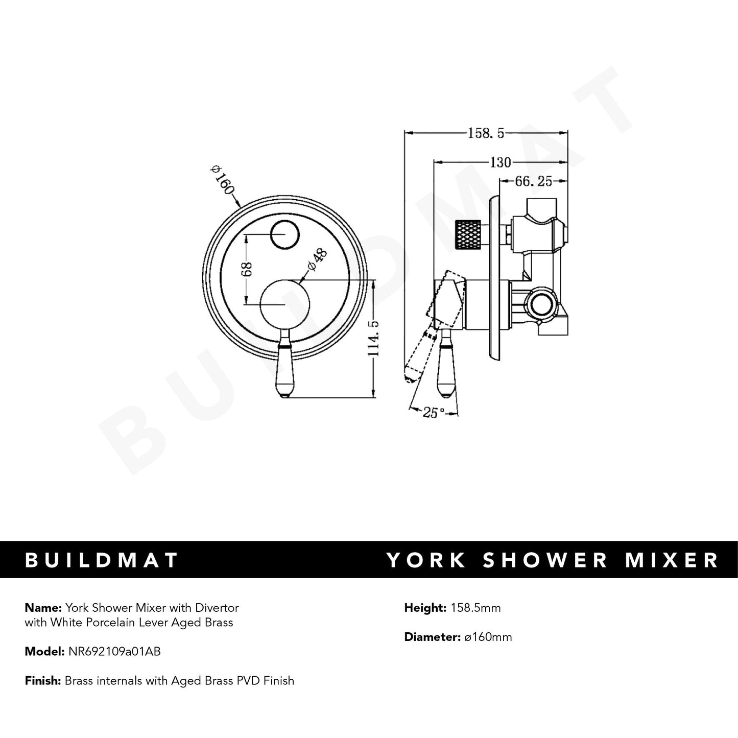 York Shower Mixer with Divertor with White Porcelain Lever Aged Brass