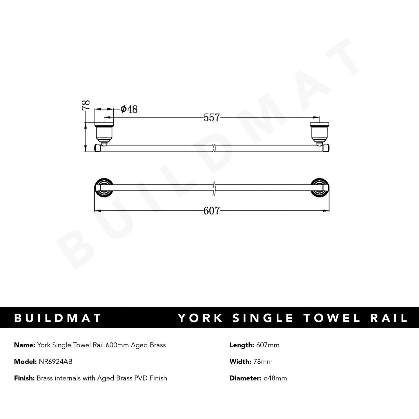 York Single Towel Rail 600mm Aged Brass