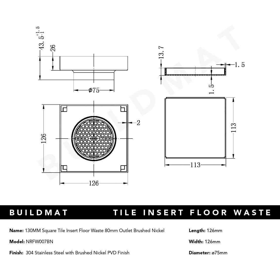 130mm Square Tile Insert Floor Waste 80mm Outlet Brushed Nickel