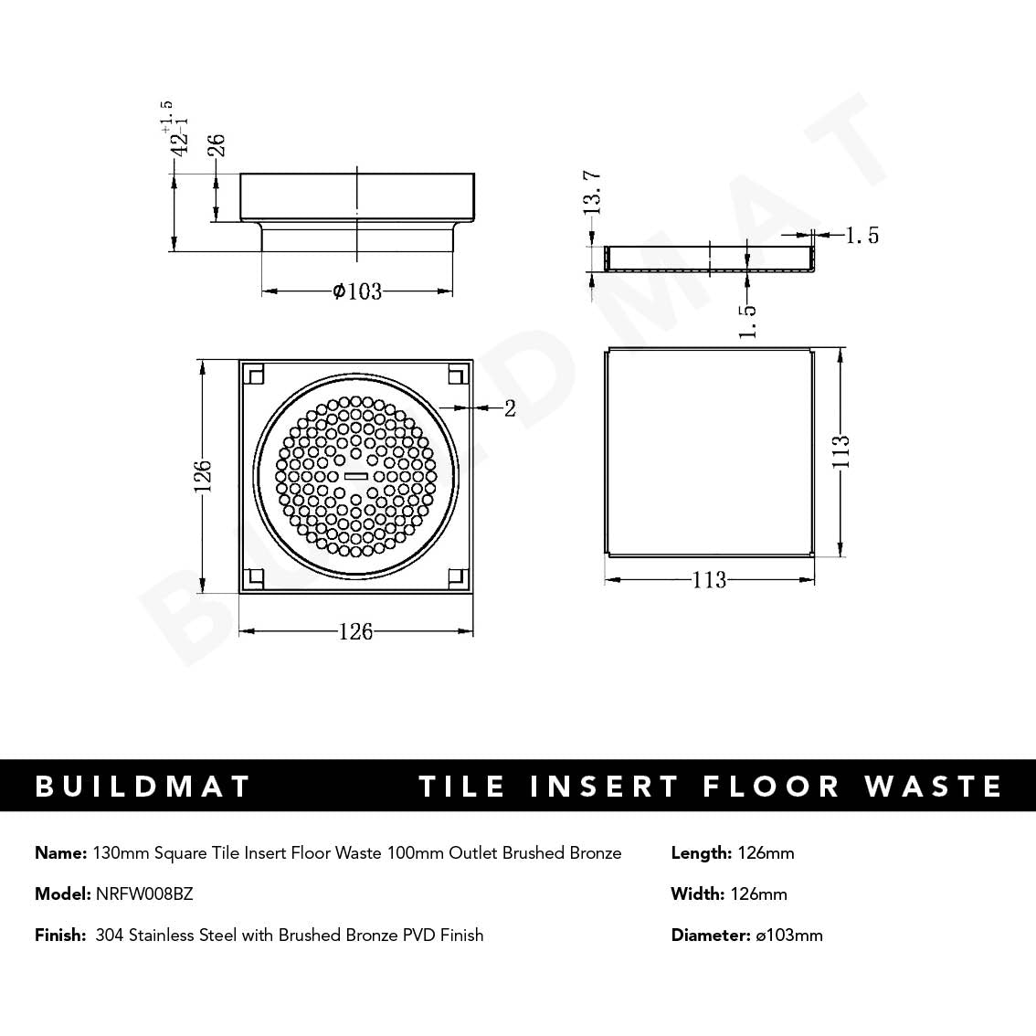 130mm Square Tile Insert Floor Waste 100mm Outlet Brushed Bronze