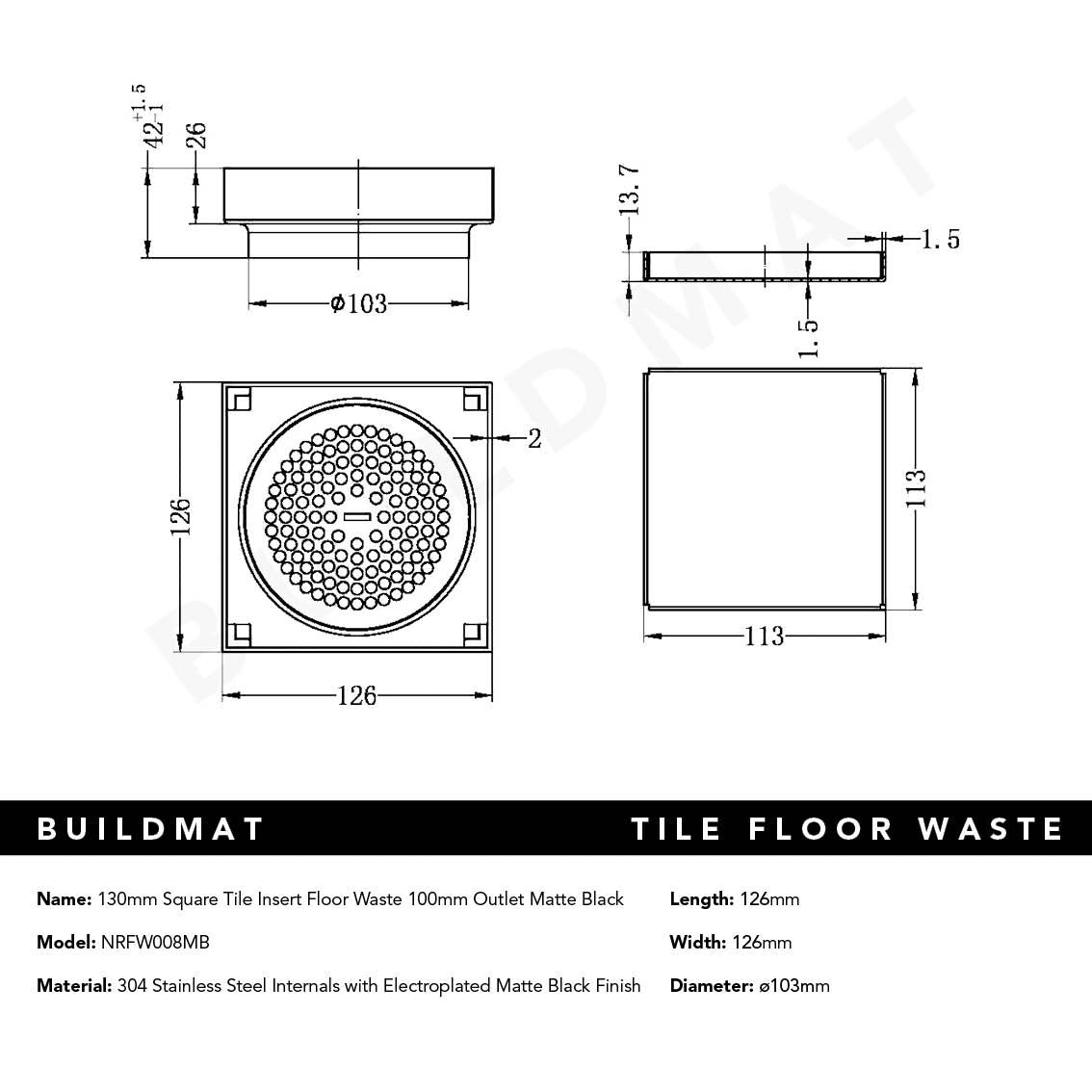 130mm Square Tile Insert Floor Waste 100mm Outlet Matte Black