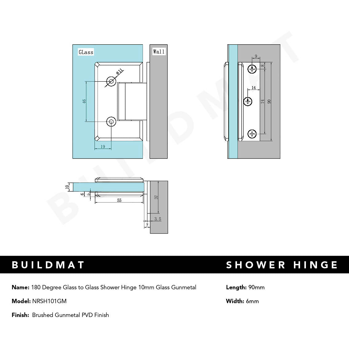 90 Degree Glass to Wall Shower Hinge 10MM Glass Brushed Gunmetal