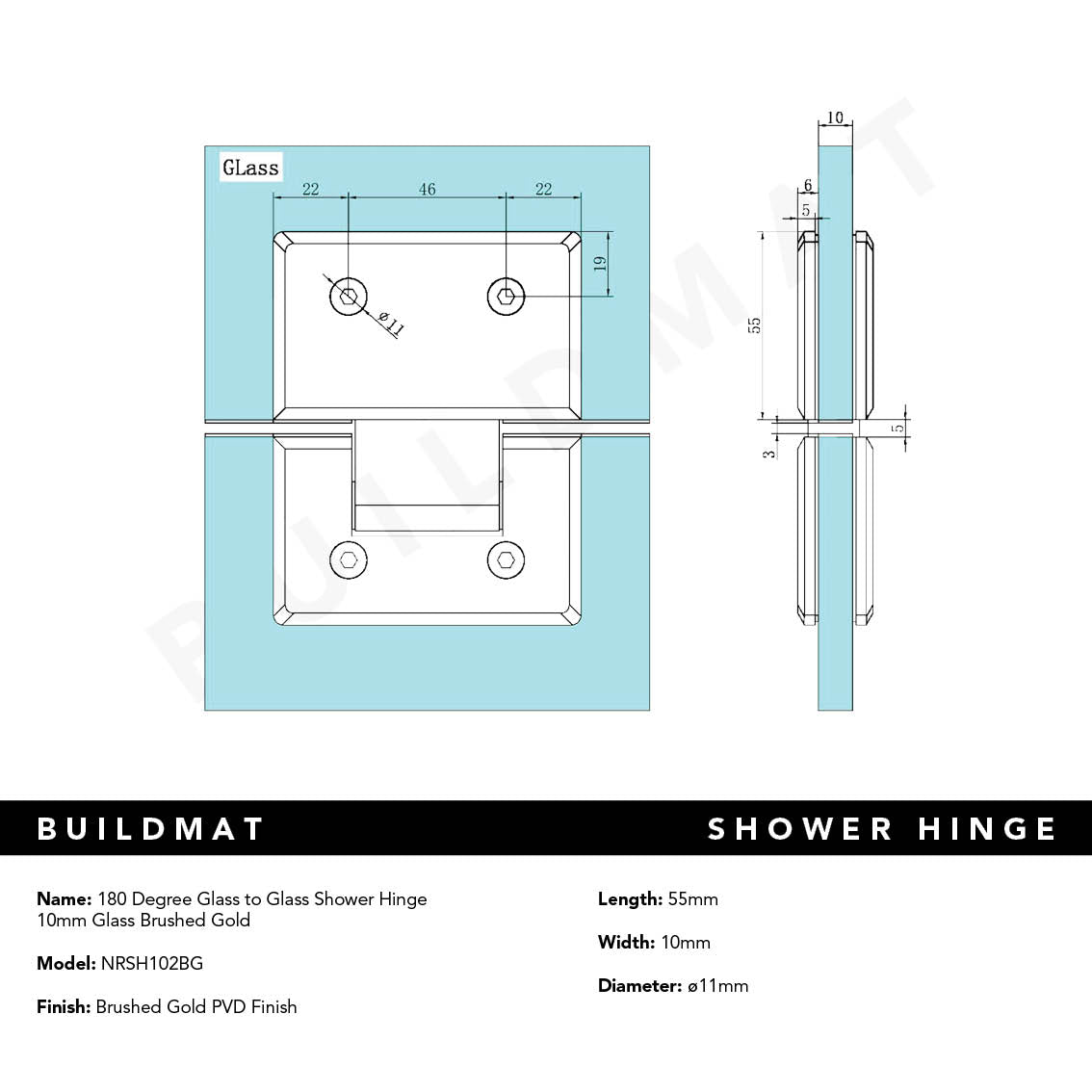 180 Degree Glass to Glass Shower Hinge 10mm Glass Brushed Gold