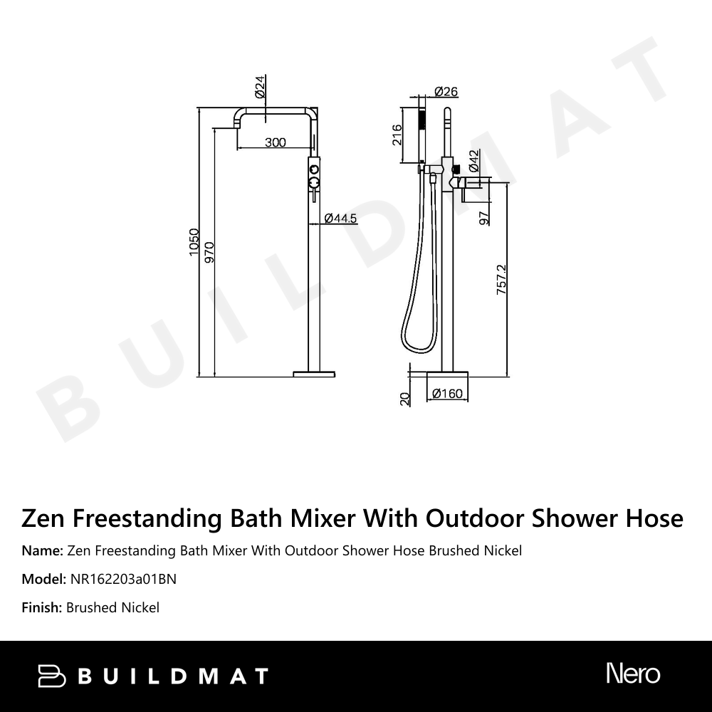 Zen Freestanding Bath Mixer With Outdoor Shower Hose Brushed Nickel