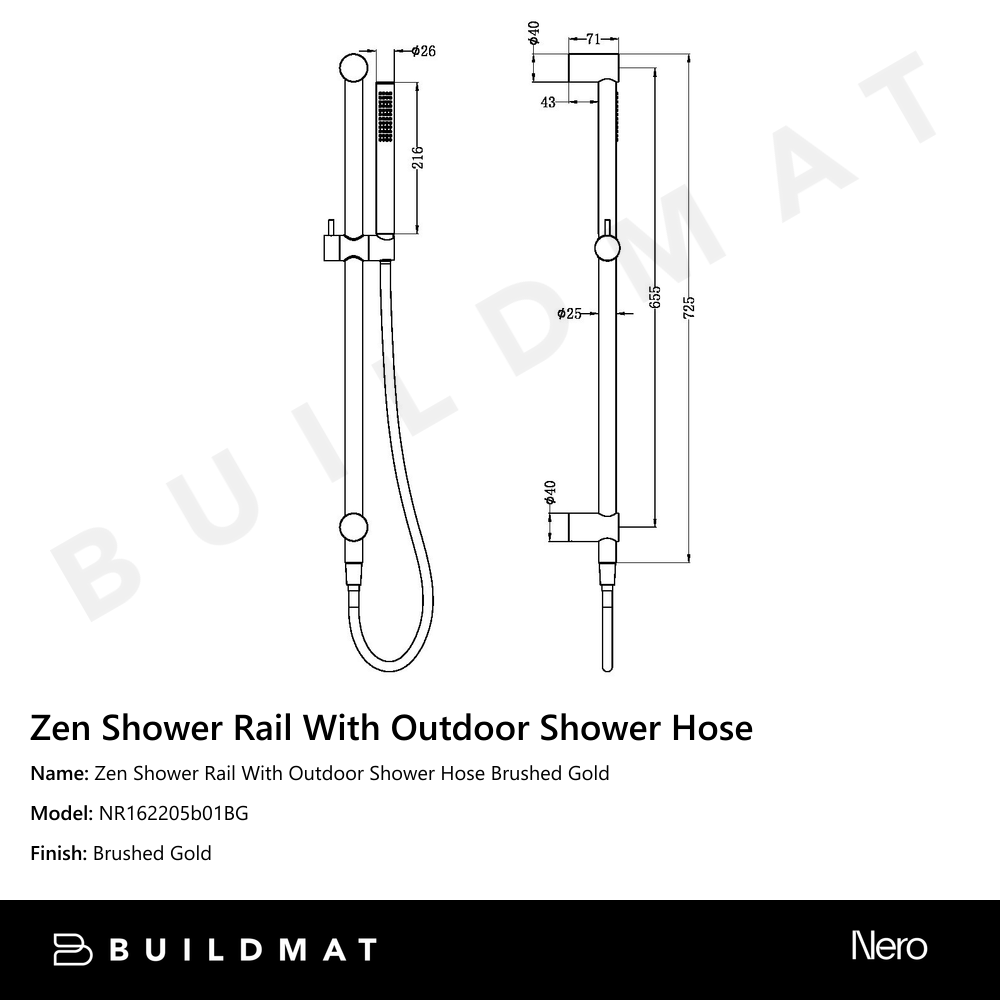 Zen Shower Rail With Outdoor Shower Hose Brushed Gold