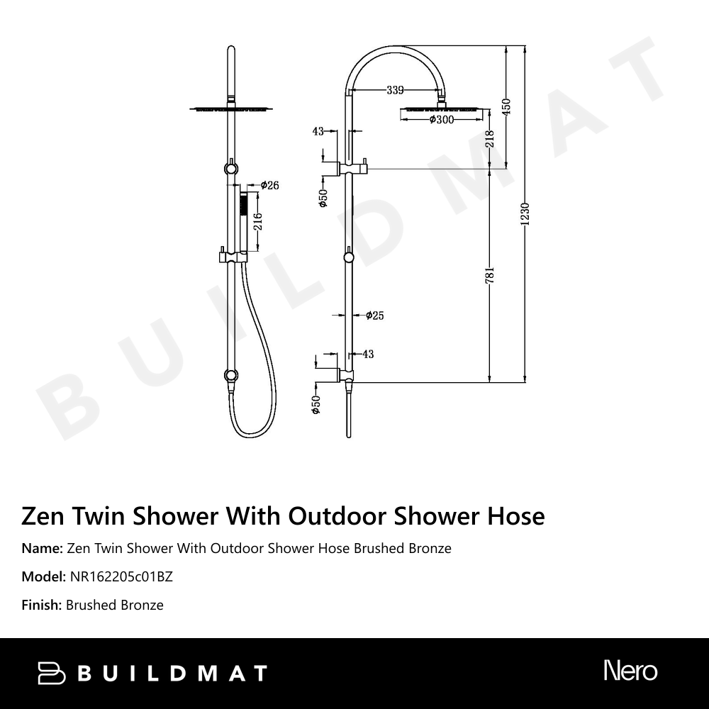 Zen Twin Shower With Outdoor Shower Hose Brushed Bronze