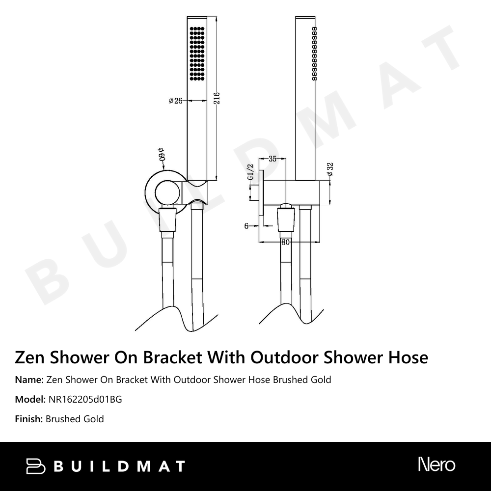 Zen Shower On Bracket With Outdoor Shower Hose Brushed Gold