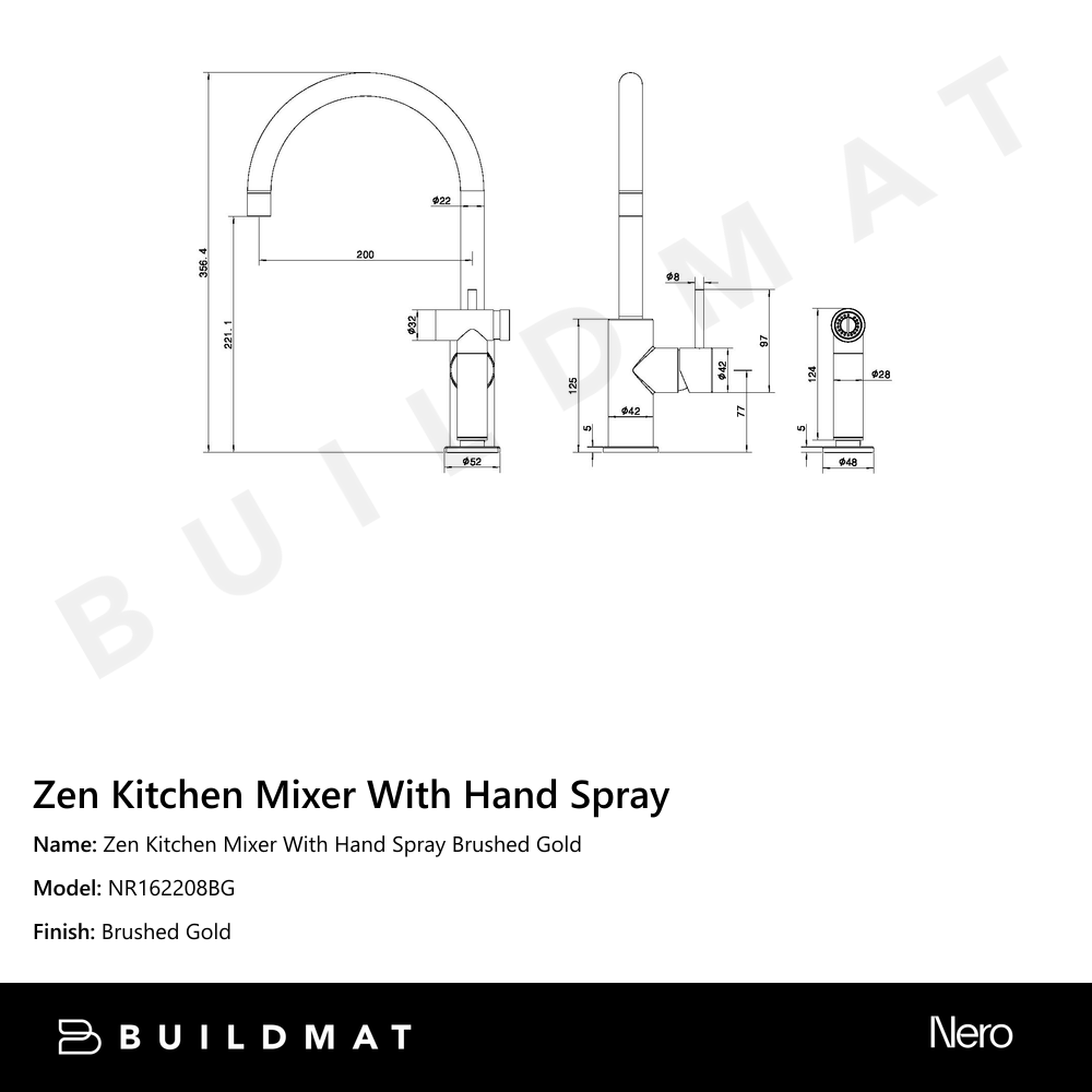 Zen Kitchen Mixer With Hand Spray Brushed Gold