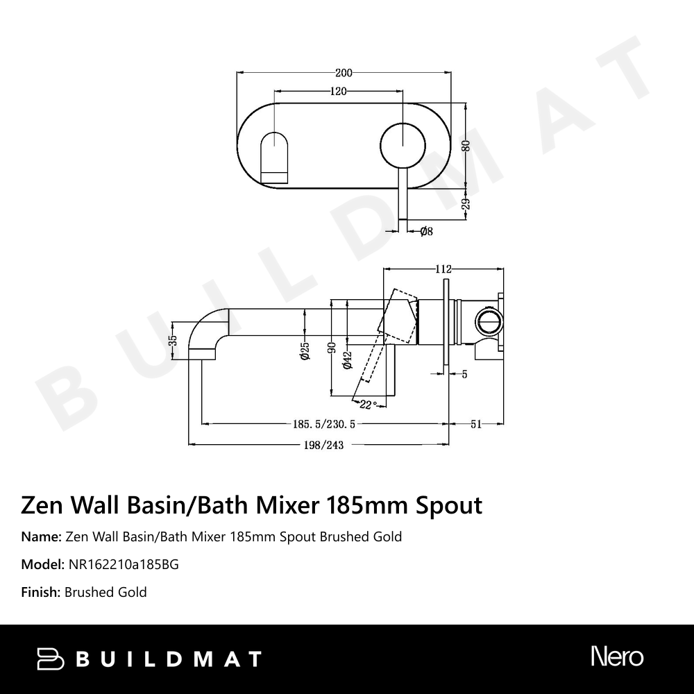 Zen Wall Basin/Bath Mixer 185mm Spout Brushed Gold