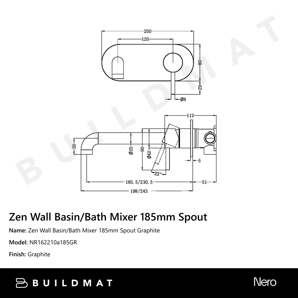 Zen Wall Basin/Bath Mixer 185mm Spout Graphite