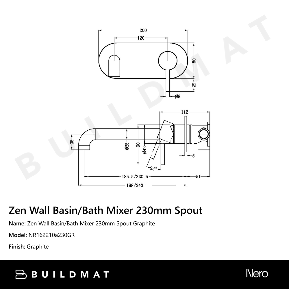 Zen Wall Basin/Bath Mixer 230mm Spout Graphite