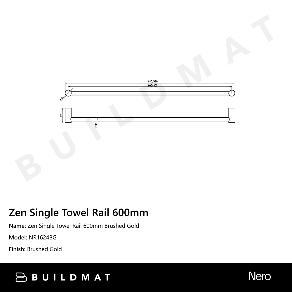 Zen Single Towel Rail 600mm Brushed Gold