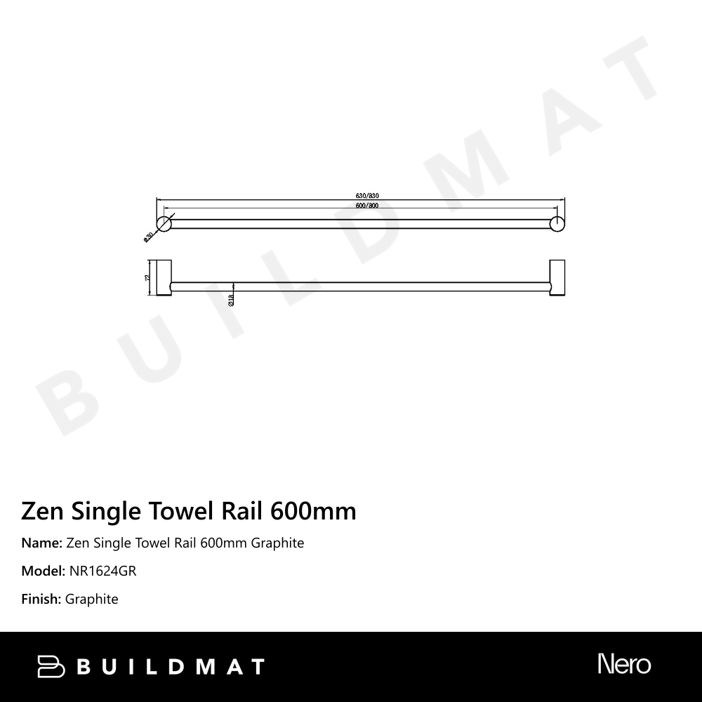 Zen Single Towel Rail 600mm Graphite