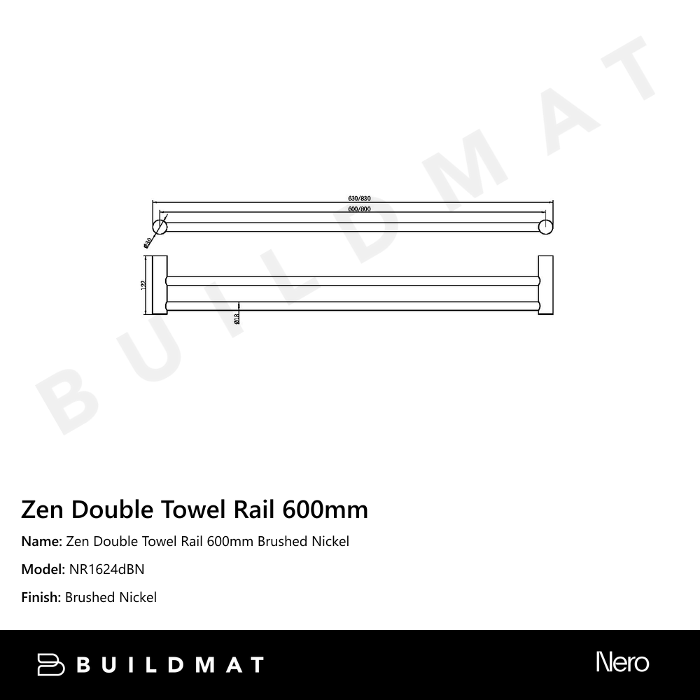 Zen Double Towel Rail 600mm Brushed Nickel