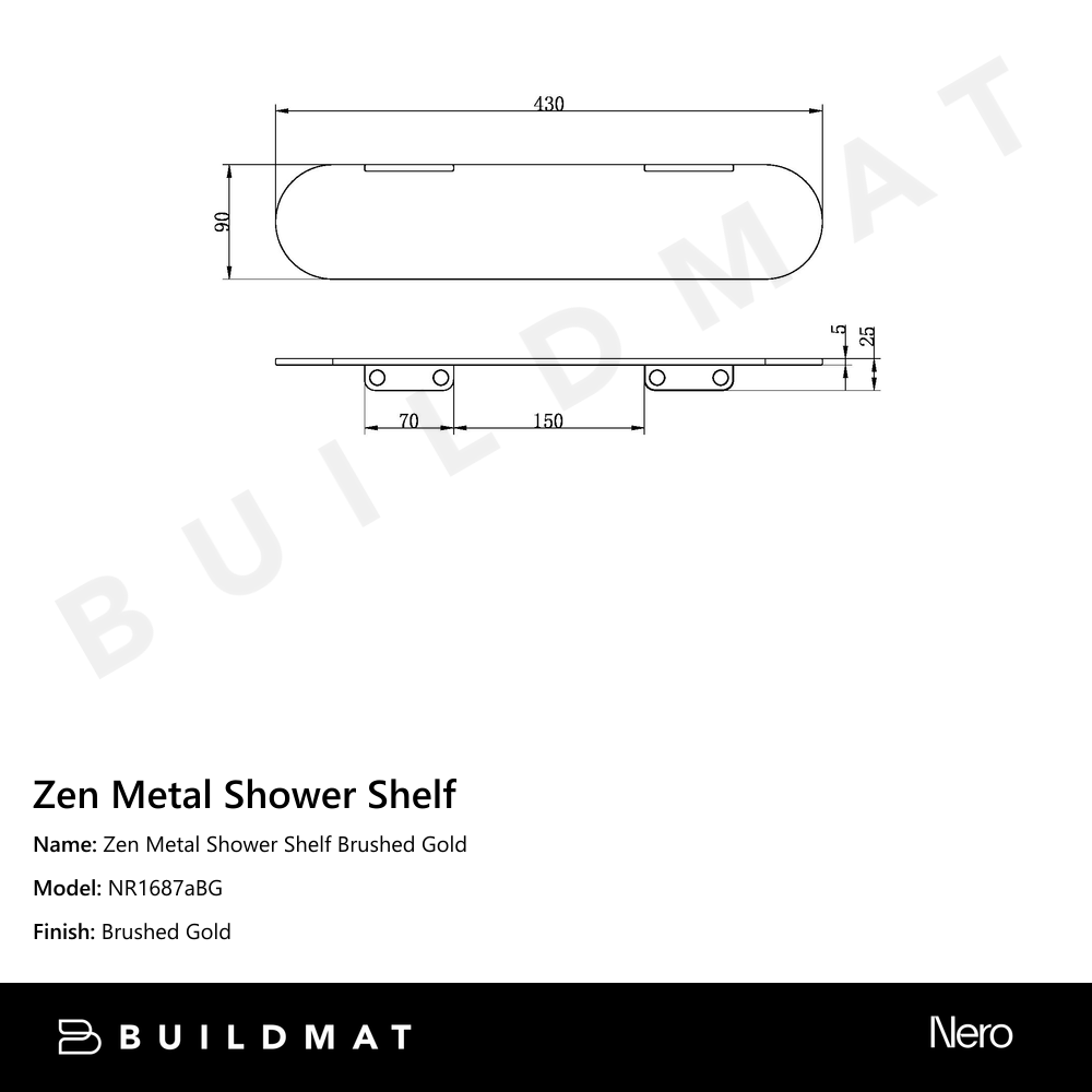 Zen Metal Shower Shelf Brushed Gold