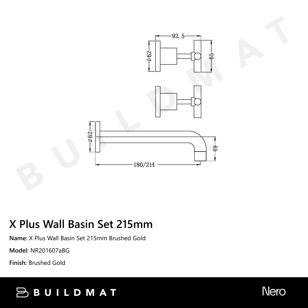 X Plus Wall Basin Set 215mm Brushed Gold