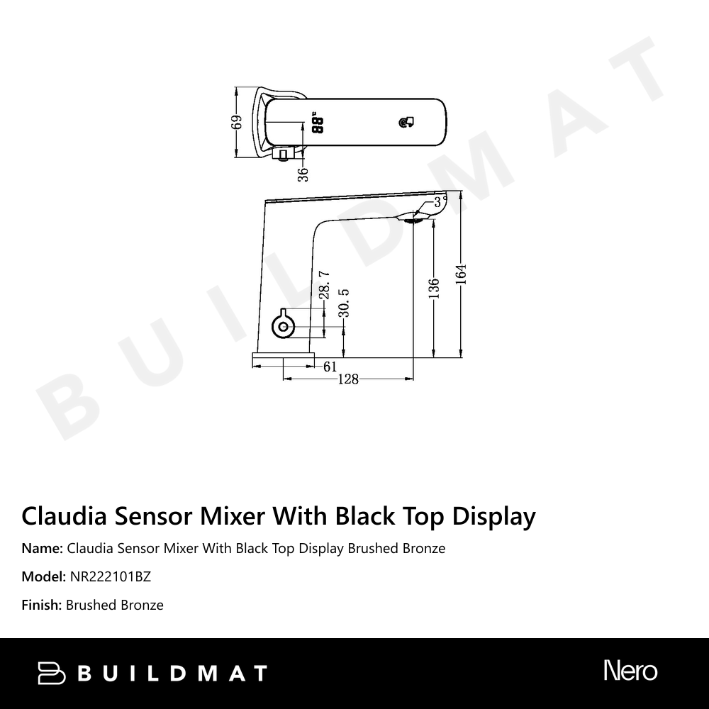 Claudia Sensor Mixer With Black Top Display Brushed Bronze