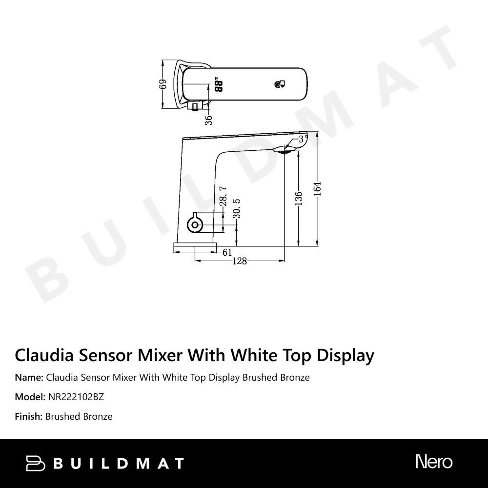 Claudia Sensor Mixer With White Top Display Brushed Bronze