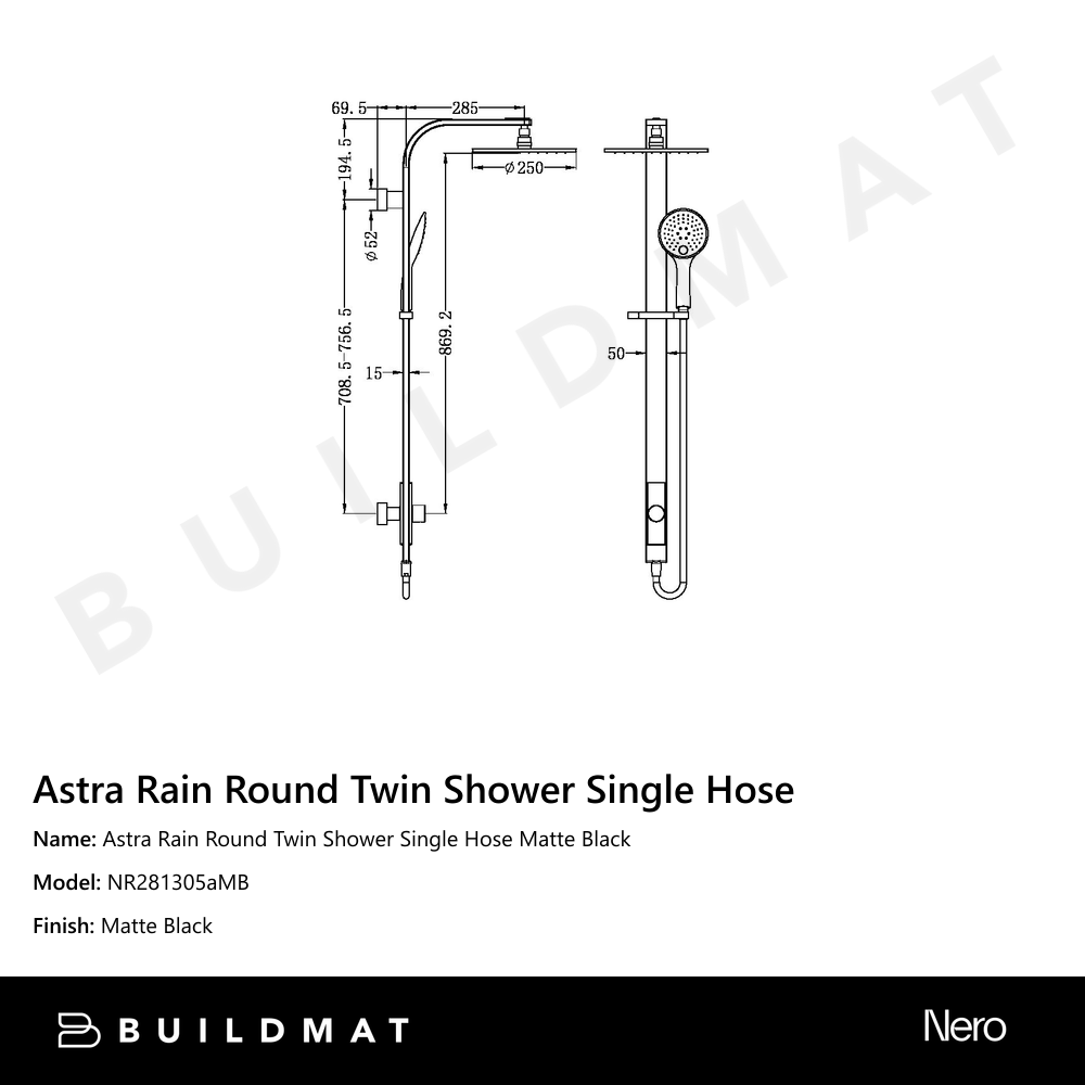 Astra Rain Round Twin Shower Single Hose Matte Black