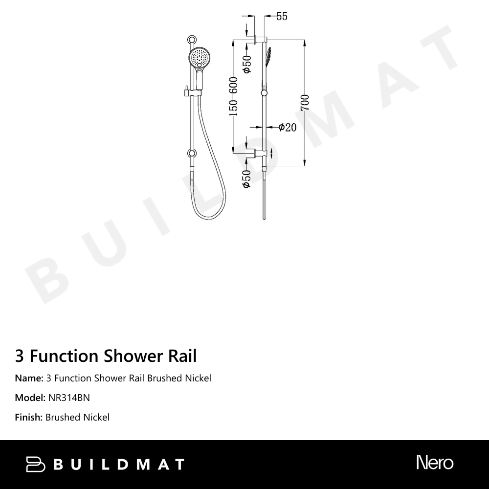 3 Function Shower Rail Brushed Nickel