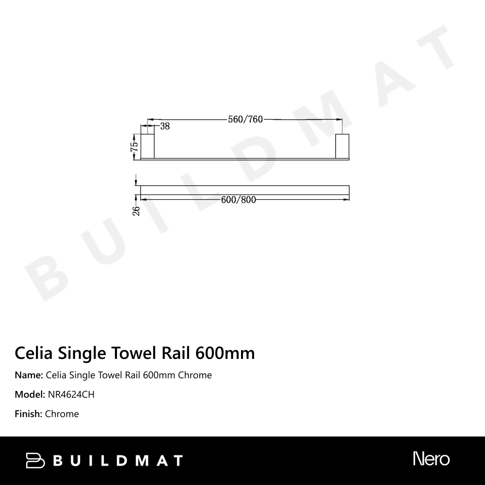 Celia Single Towel Rail 600mm Chrome