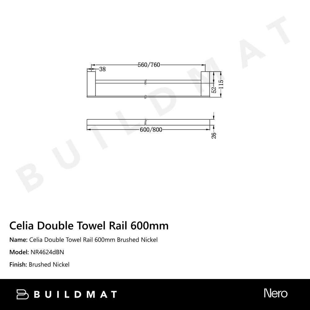 Celia Double Towel Rail 600mm Brushed Nickel