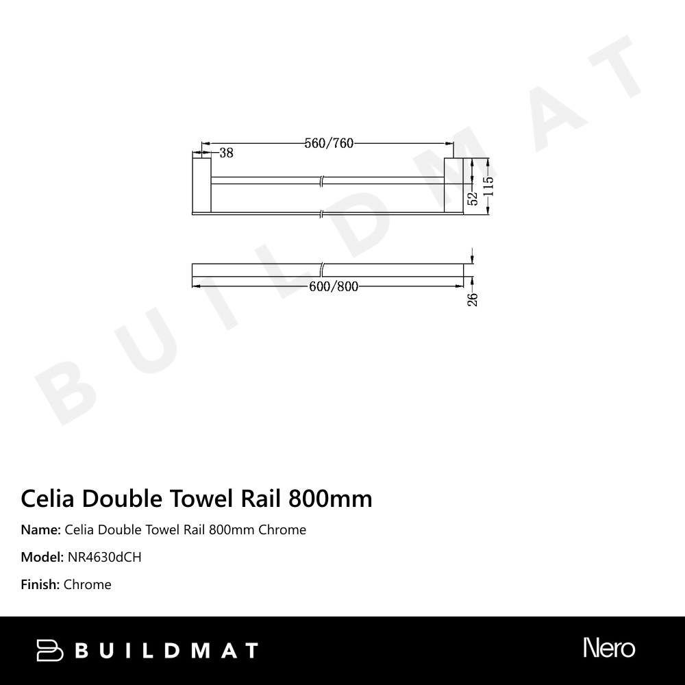 Celia Double Towel Rail 800mm Chrome