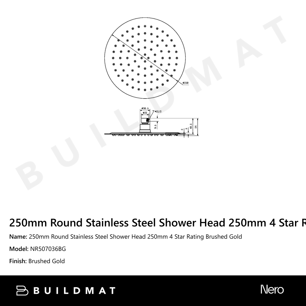 250mm Round Stainless Steel Shower Head 250mm 4 Star Rating Brushed Gold