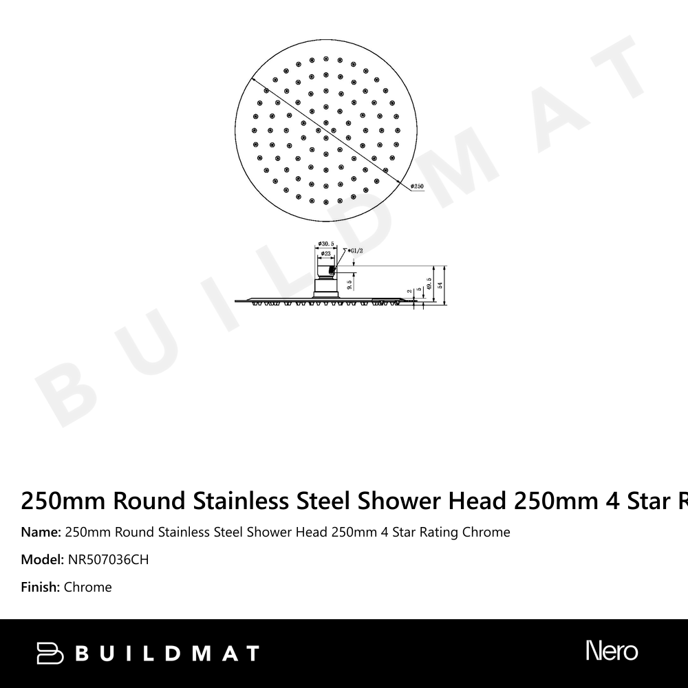 250mm Round Stainless Steel Shower Head 250mm 4 Star Rating Chrome