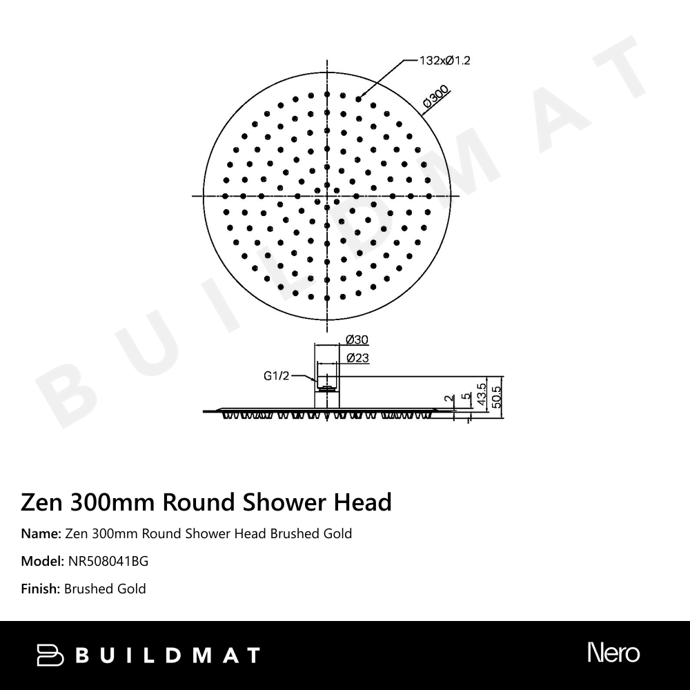 Zen 300mm Round Shower Head Brushed Gold