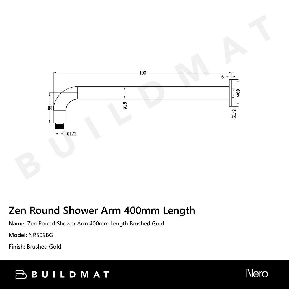 Zen Round Shower Arm 400mm Length Brushed Gold