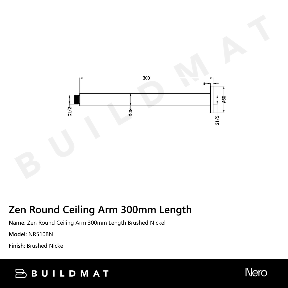 Zen Round Ceiling Arm 300mm Length Brushed Nickel