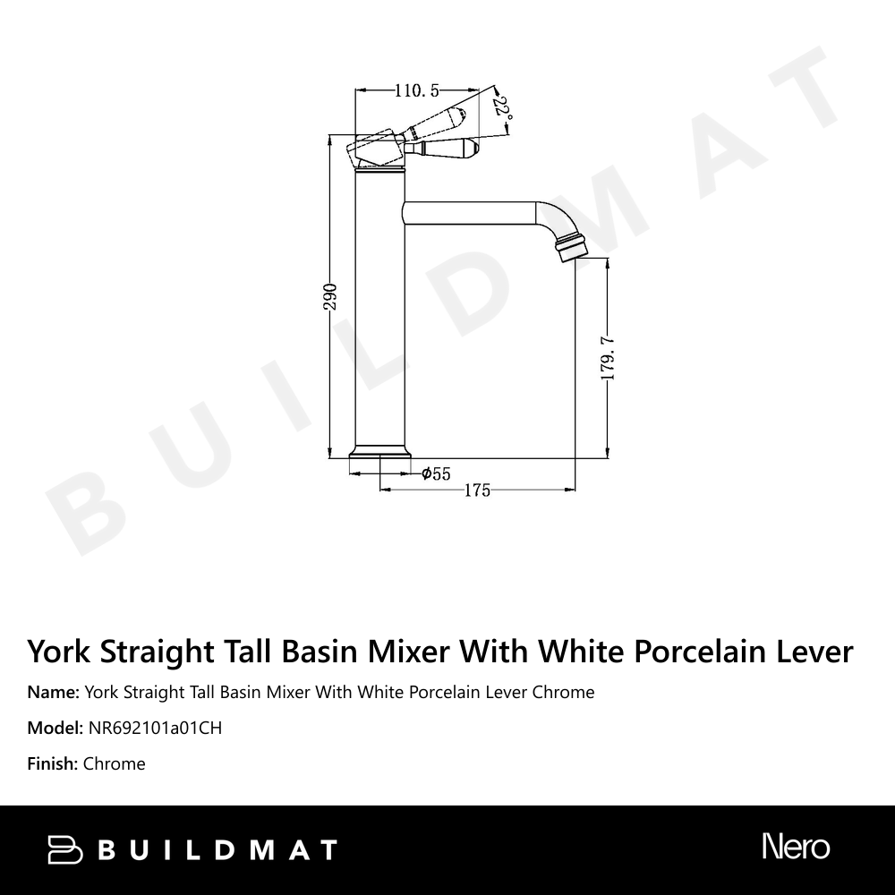 York Straight Tall Basin Mixer With White Porcelain Lever Chrome