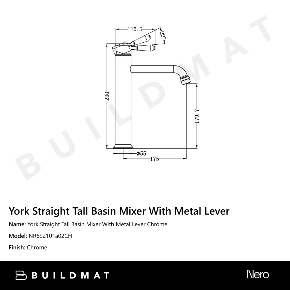 York Straight Tall Basin Mixer With Metal Lever Chrome