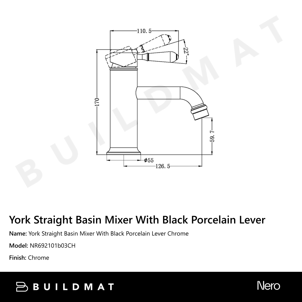 York Straight Basin Mixer With Black Porcelain Lever Chrome