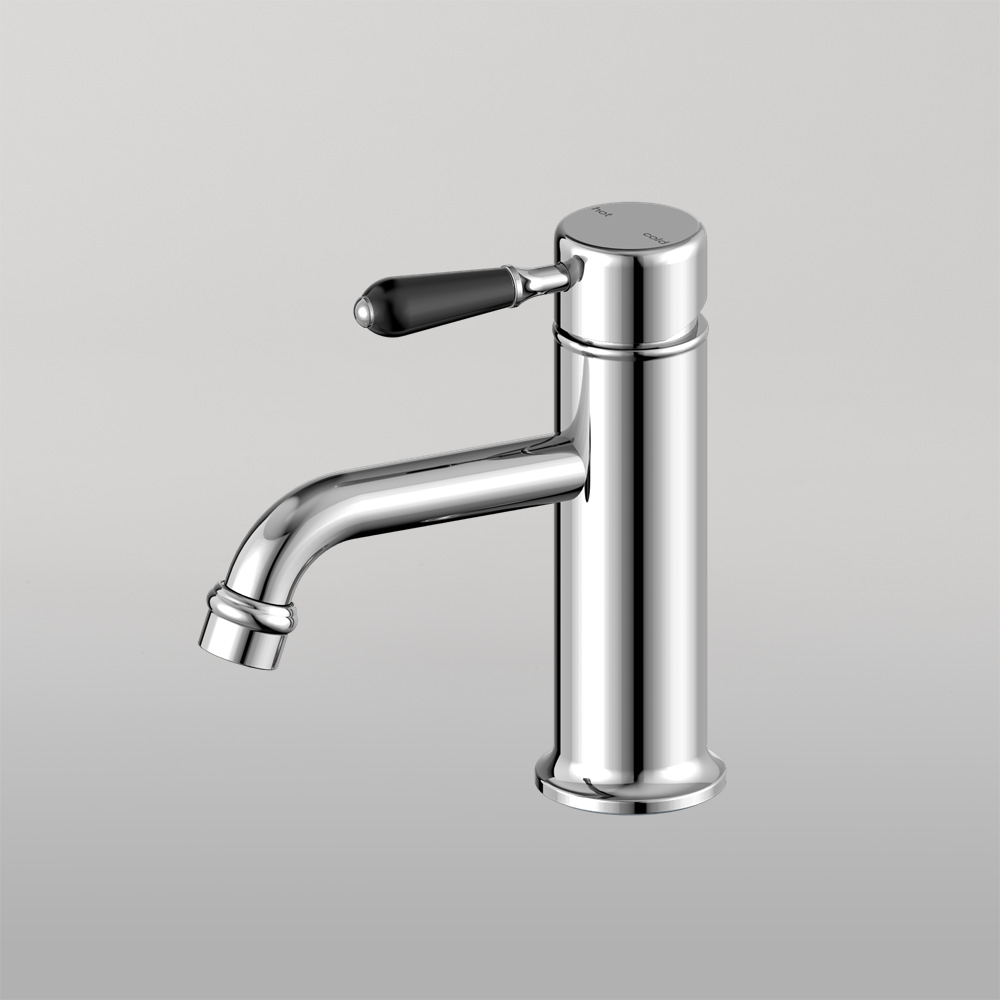 York Straight Basin Mixer With Black Porcelain Lever Chrome