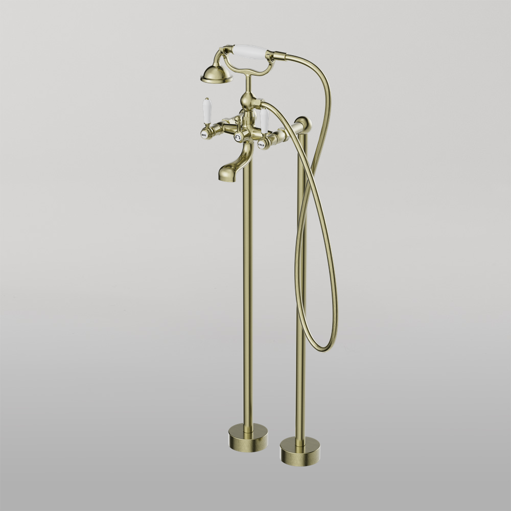 York Freestanding Bath Mixer With White Porcelain Hand Shower Aged Brass