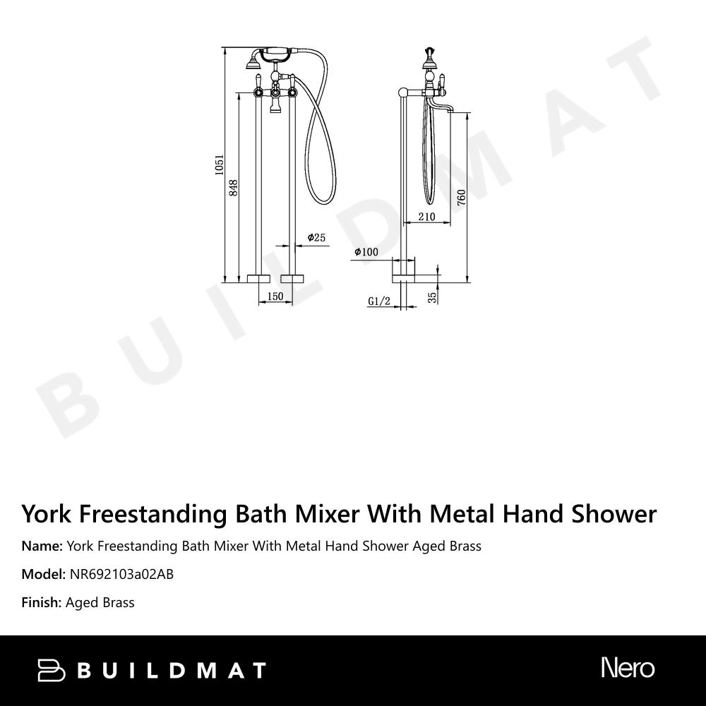 York Freestanding Bath Mixer With Metal Hand Shower Aged Brass