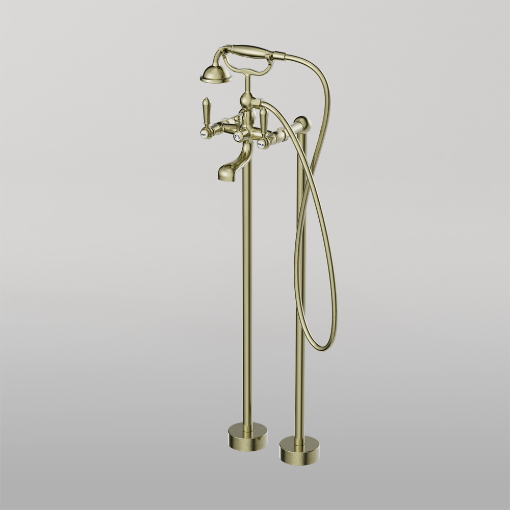 York Freestanding Bath Mixer With Metal Hand Shower Aged Brass