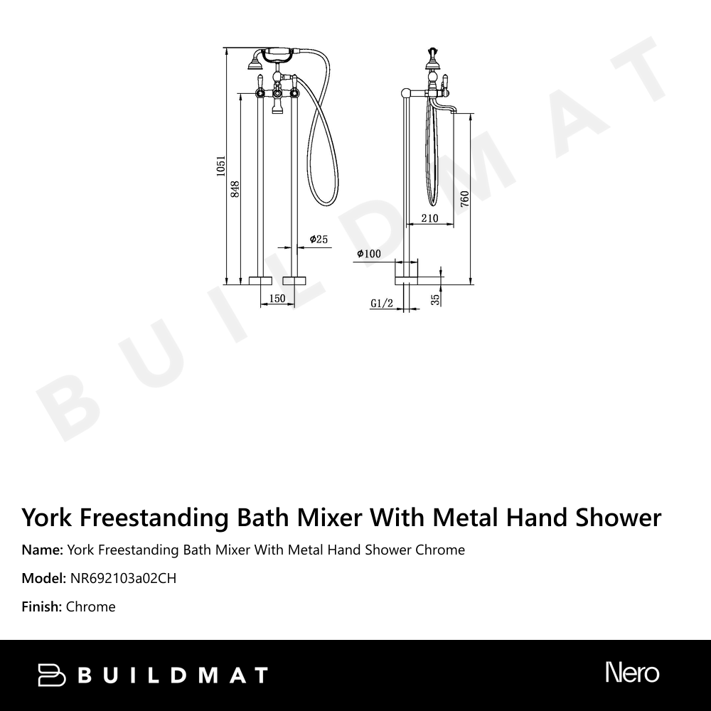 York Freestanding Bath Mixer With Metal Hand Shower Chrome