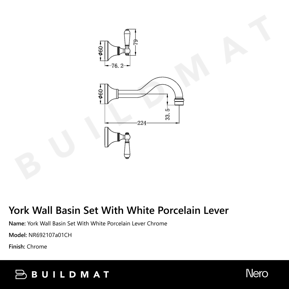 York Wall Basin Set With White Porcelain Lever Chrome