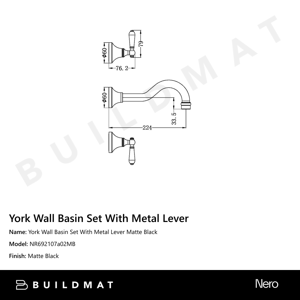 York Wall Basin Set With Metal Lever Matte Black