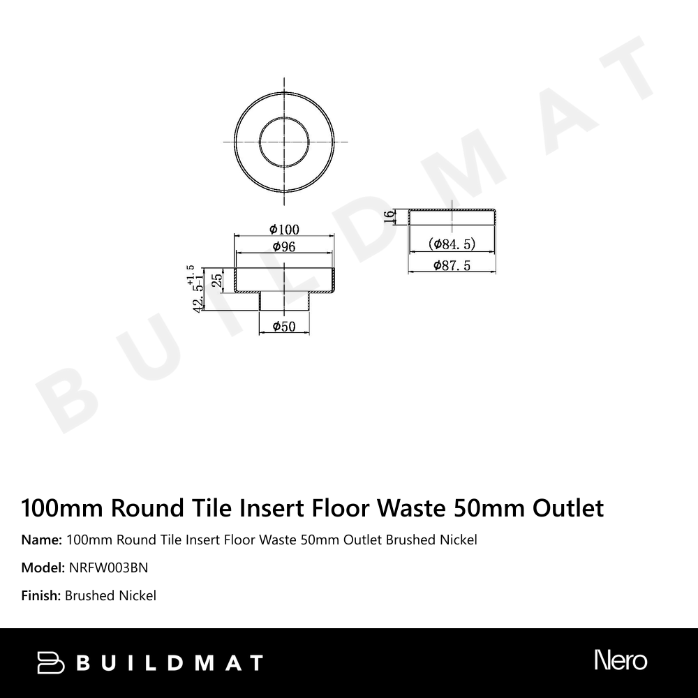 100mm Round Tile Insert Floor Waste 50mm Outlet Brushed Nickel