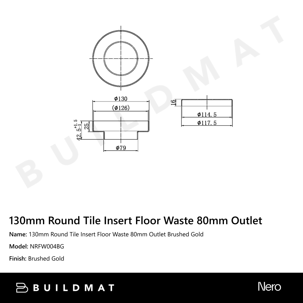 130mm Round Tile Insert Floor Waste 80mm Outlet Brushed Gold