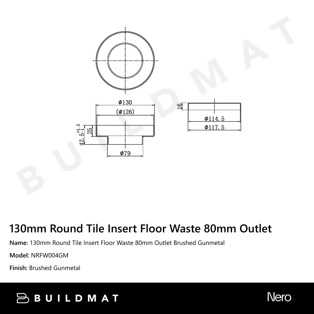 130mm Round Tile Insert Floor Waste 80mm Outlet Gun Metal