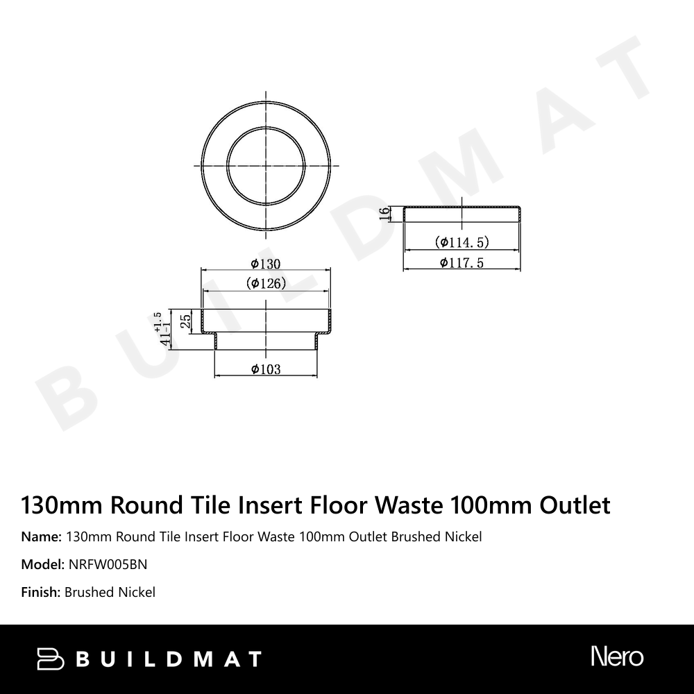 130mm Round Tile Insert Floor Waste 100mm Outlet Brushed Nickel