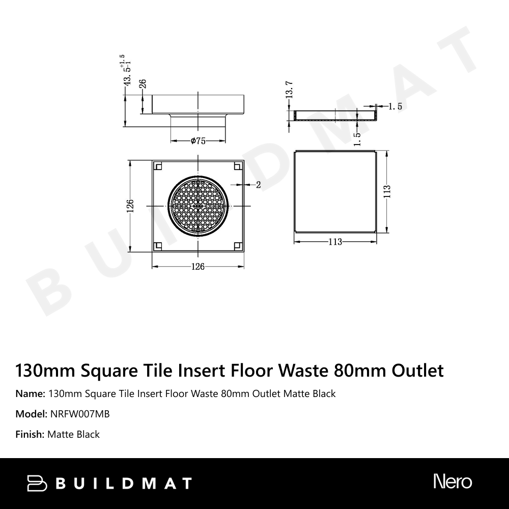 130mm Square Tile Insert Floor Waste 80mm Outlet Matte Black